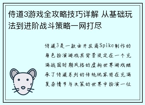 侍道3游戏全攻略技巧详解 从基础玩法到进阶战斗策略一网打尽