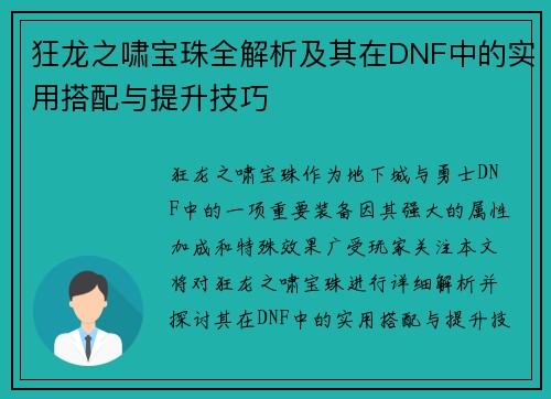 狂龙之啸宝珠全解析及其在DNF中的实用搭配与提升技巧